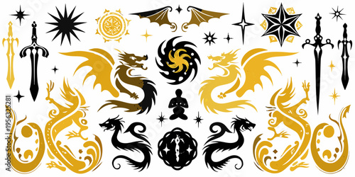Fantasy collection featuring dragons swords and mystical symbols in gold and black