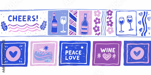 Festive illustrations of wine glasses bottles and celebratory messages