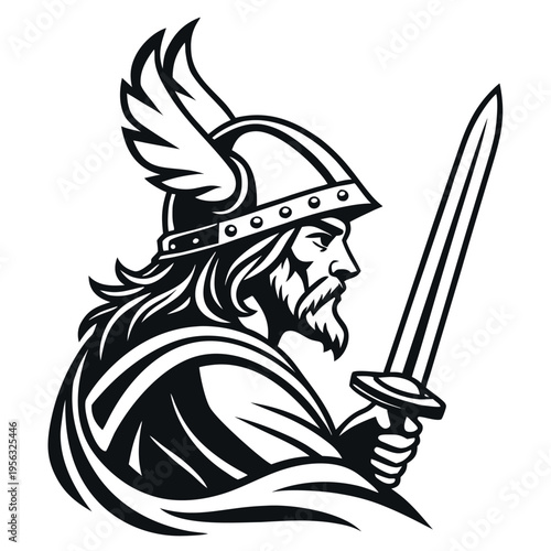 A warrior with a winged helmet holds a sword in the air, showing strength and determination in a bold graphic style Generative AI