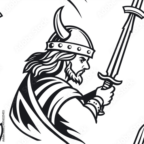 Illustration of a Viking warrior holding a sword in a battle stance in a Nordic historical setting Generative AI