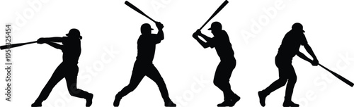 Baseball player silhouettes set, batter swinging bat in different poses, sport action collection isolated on white background, athletic activity illustration for design
