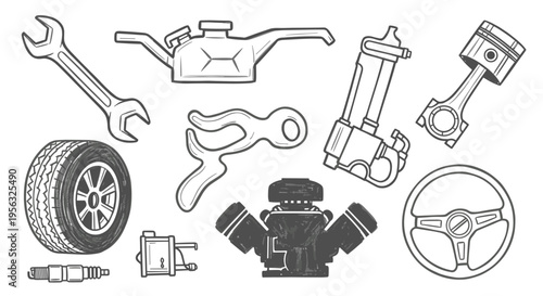 Collection of Car Parts and Tools for Automotive Repair and Maintenance