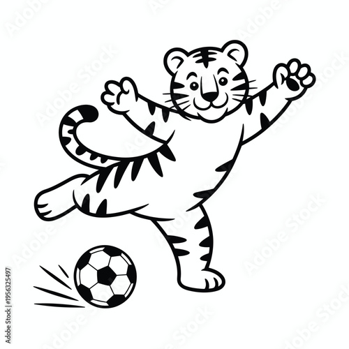 Cartoon tiger kicking soccer ball