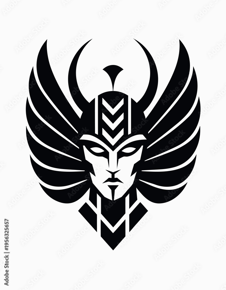Obraz premium Warrior with wings and helmet design showing strong features and sharp lines in black and white colors on a simple background Generative AI