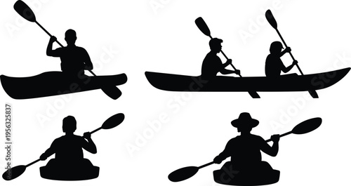 Kayaking silhouettes collection, people paddling canoe and kayak, outdoor adventure water sport illustration, isolated black figures set, active lifestyle recreation design concept