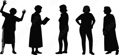 Senior women silhouettes set showing different poses and activities, elderly female figures collection isolated on white background, aging lifestyle illustration with diverse characters