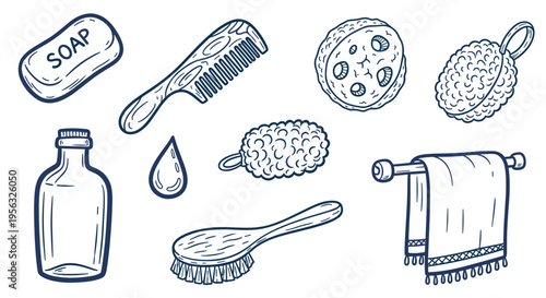 Hand drawn bathroom hygiene and personal care items including soap comb brush bottle towel and sponges for daily routine and cleanliness