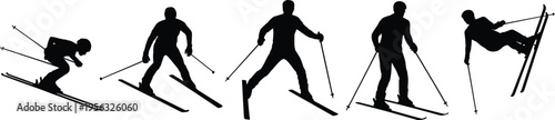 Skiing athlete silhouettes set showing downhill motion and jump sequence, winter sports action collection isolated on white background, dynamic skier illustration concept