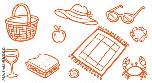 Summer Picnic Essentials Basket Hat Sunglasses Food Drink Blanket Crab Apple and Sandwich for Outdoor Leisure