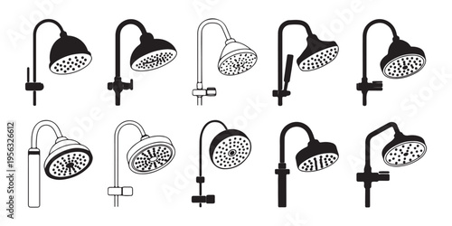 Shower head silhouettes and line art icons showing various plumbing fixtures for bathroom design and interior