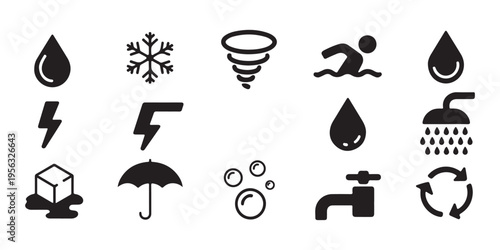 Weather and water utility icons including rain drops snowflakes storm signs and plumbing symbols for design