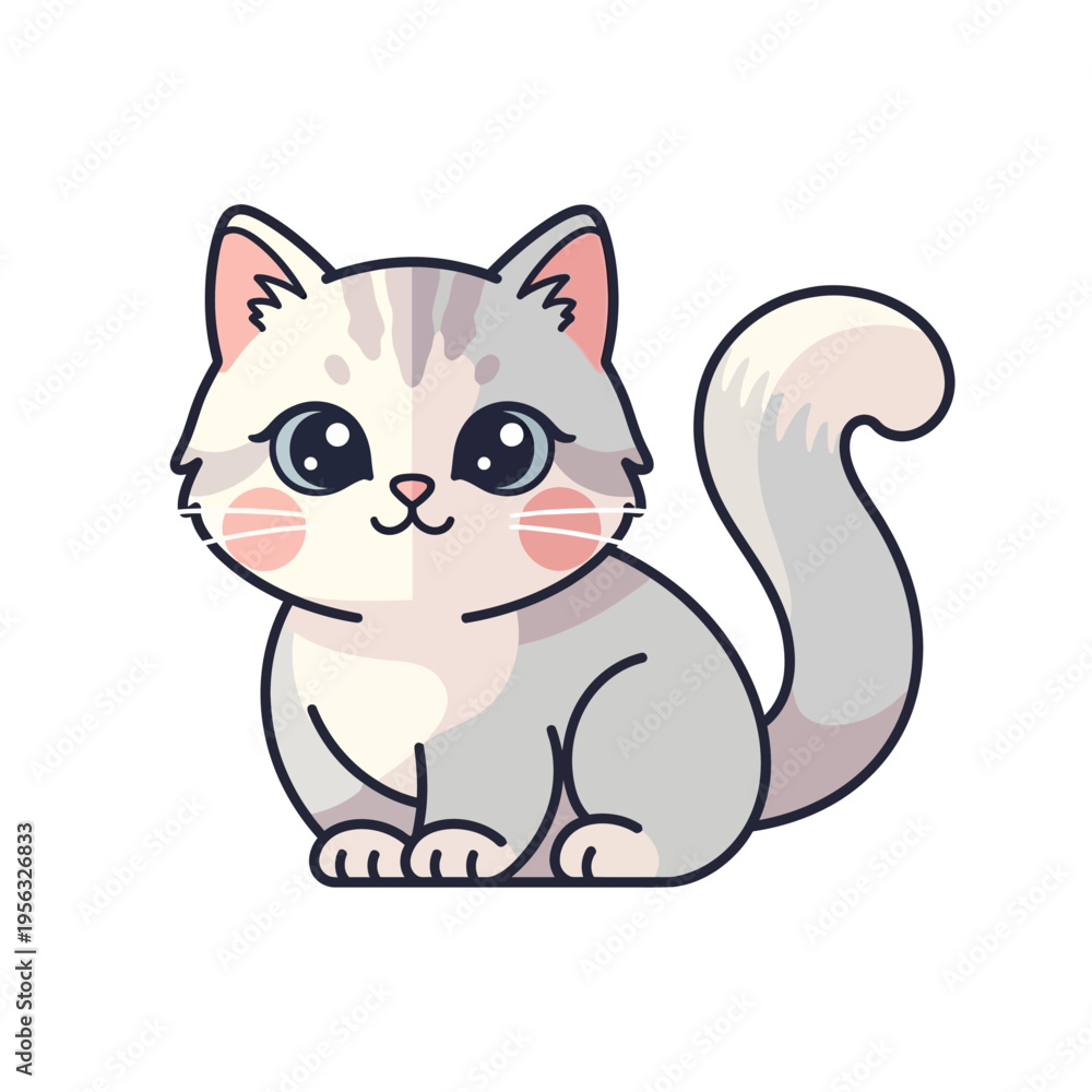 Obraz premium Cute Cartoon Cat Kitten Sitting Adorable Kawaii Style Pet Animal Illustration