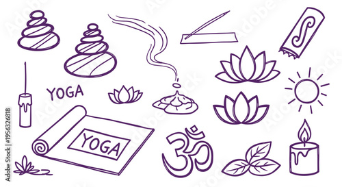 Hand drawn yoga elements and symbols for wellness and meditation, including lotus flowers, incense, candles, and om symbol
