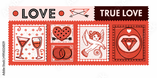 Vintage style love postage stamps with hearts wings and romantic imagery