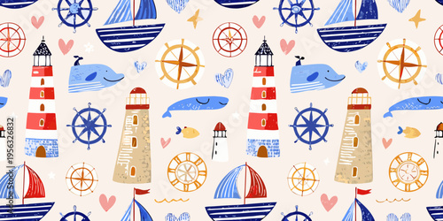 Nautical themed seamless pattern with sailboats lighthouses and marine life