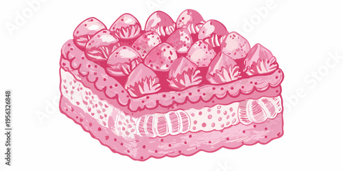 A beautifully illustrated pink strawberry shortcake with decorative frosting