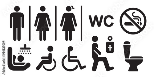 Public toilet icons set with male female disabled access no smoking baby changing and shower signs for navigation