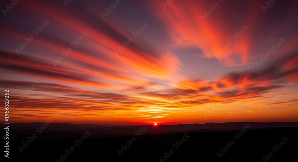 Fototapeta premium Fiery Sunset Burst - Vibrant Orange and Purple Sky with Dynamic Cloud Streaks.