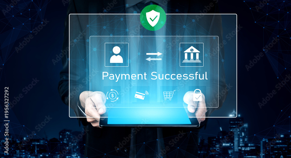 Obraz premium Successful transaction message showing secure payment. Payment confirmed, secured, payment processed, and payment completed with trust and transaction integrity. Vouch