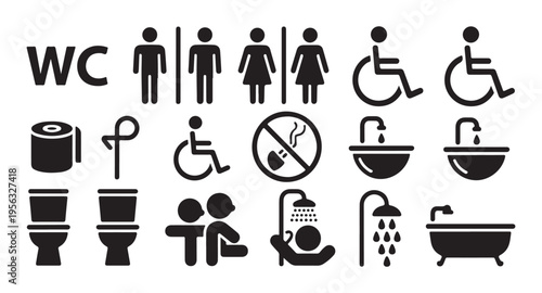 Comprehensive collection of public restroom icons, encompassing WC, gender symbols, and disabled access facilities