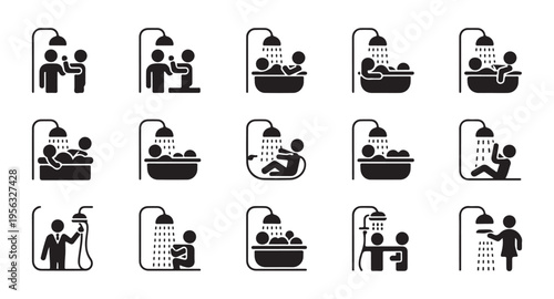 Diverse people showering and bathing icons set bathroom hygiene and relaxation symbols on white background