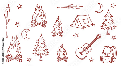 Hand drawn camping icons set with campfire tent guitar backpack stars and moon for outdoor adventure and travel themes
