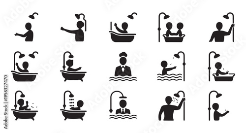 Collection of simple icons depicting people in various shower and bath scenarios on white background