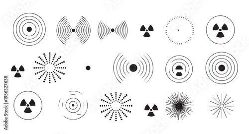 Radiation and signal icons set featuring radioactive symbols wave patterns circular pulses and radar elements