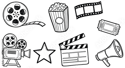 Vintage movie icons collection film reel popcorn ticket clapperboard camera star megaphone film strip
