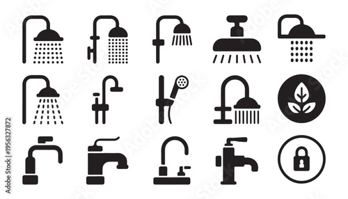 Set of black and white shower and faucet icons, with water stream and eco-friendly leaf symbol