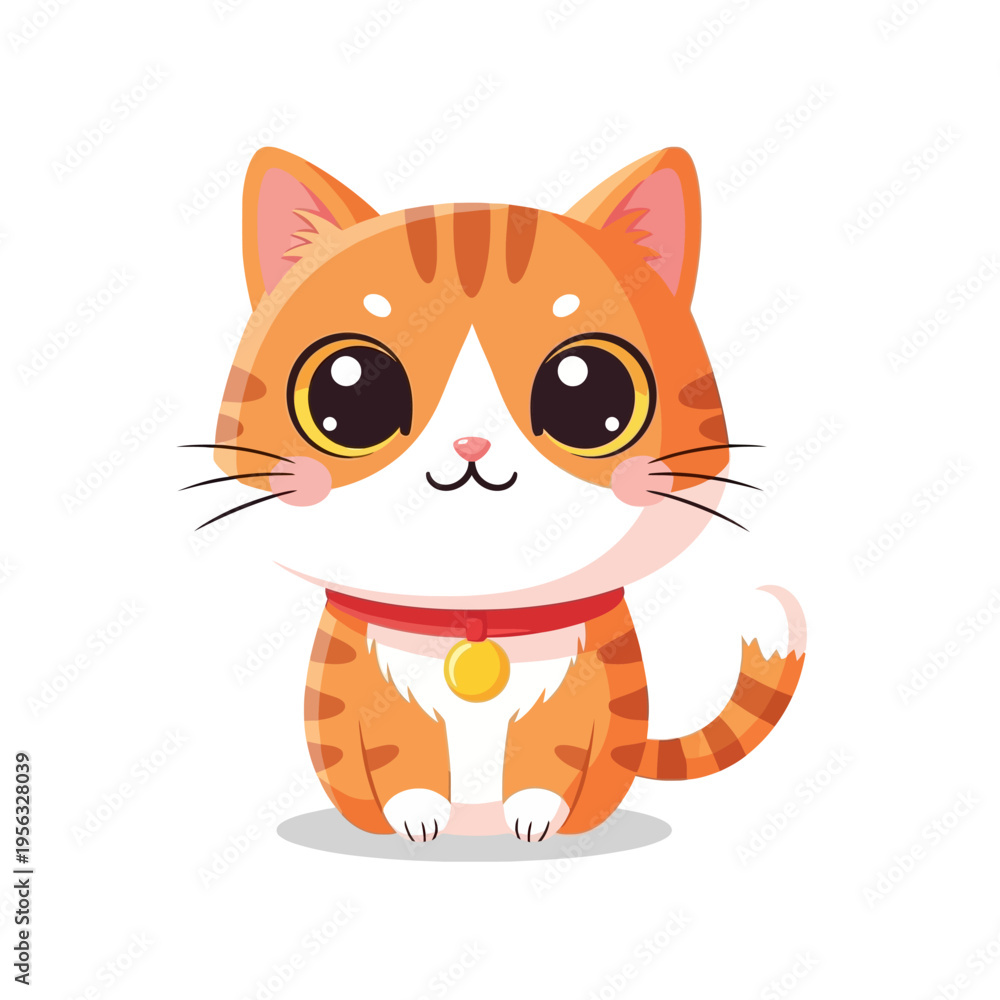 Fototapeta premium Cute Orange Tabby Cat Character with Big Eyes, Wearing a Red Collar, Vector Illustration