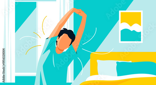 Woman stretching for health in morning bedroom routine with bed