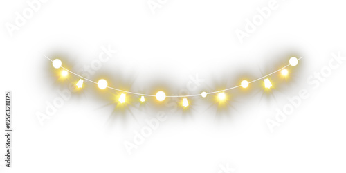 Golden glowing garland light string with decorative bulbs isolated on white background festive illumination effect.
