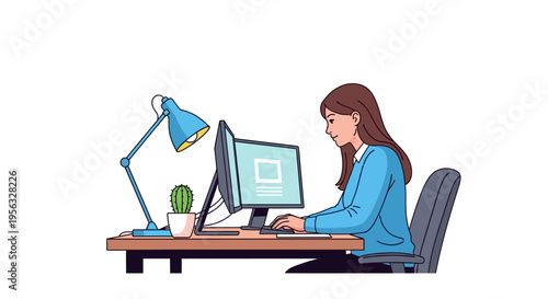 Focused Businesswoman Working With Two Screens