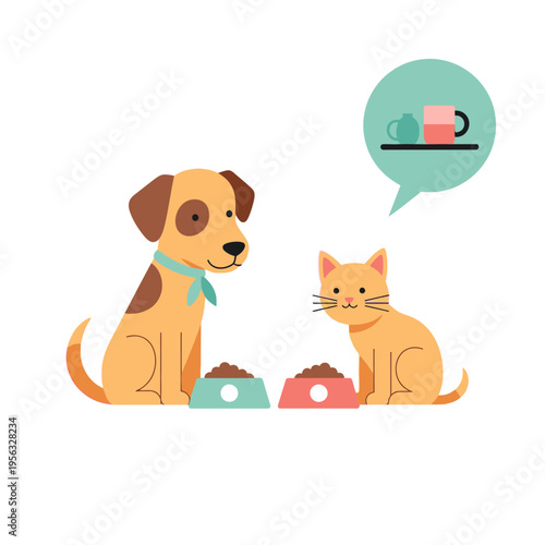 Dog and Cat Friends Sharing Food Bowls, Cute Illustration