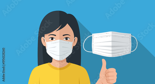 Woman wearing face mask shows thumbs up for health and safety measures