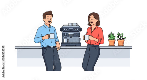 Happy Colleagues Drinking Coffee in Minimalist Breakroom
