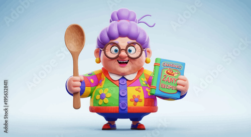 Cartoon elderly woman holding wooden spoon and cereal box.