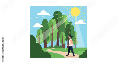 Person walking on a path in a forest promoting health and well-being outdoors