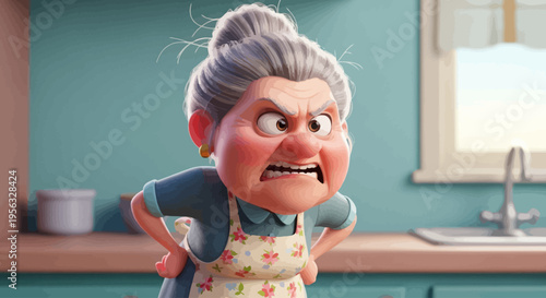 Cartoon elderly woman in kitchen with apron.