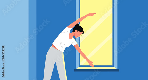 Person stretching near window for health and wellness at home indoors