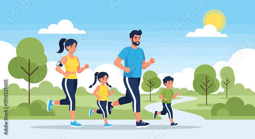 Family prioritizing health while jogging together outdoors on a sunny day