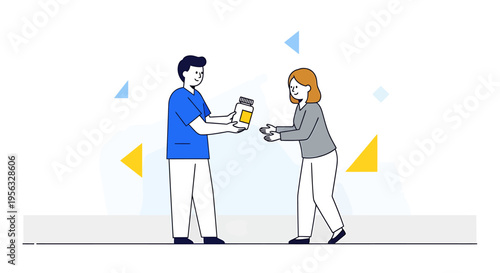 Two people exchanging health and wellness products indoors