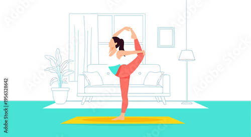 A woman practices yoga on a mat in a living room focusing on health and wellness.