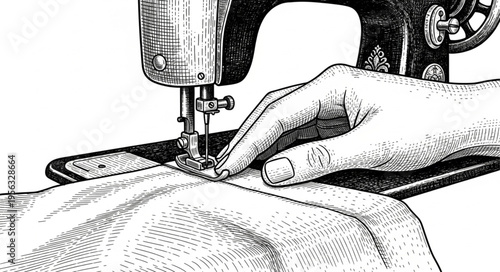 Vintage Sewing Machine in Action - A Detailed Black and White Illustration.
