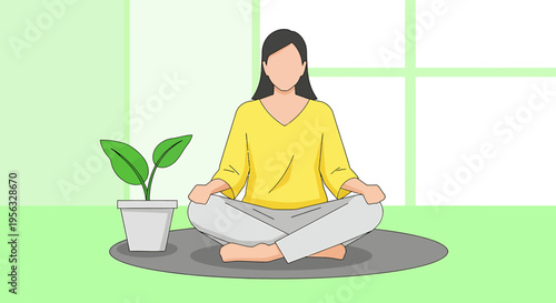 Woman practicing yoga for mental health in a serene indoor garden with a plant