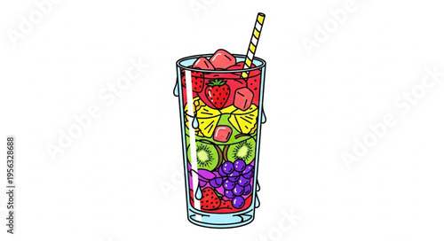 Colorful Fruit Cocktail Illustration in a Glass with Straw.