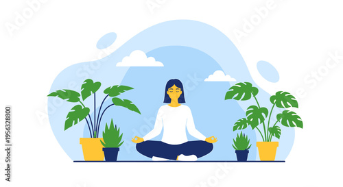 Woman meditates outdoors surrounded by plants promoting mental health and wellbeing.