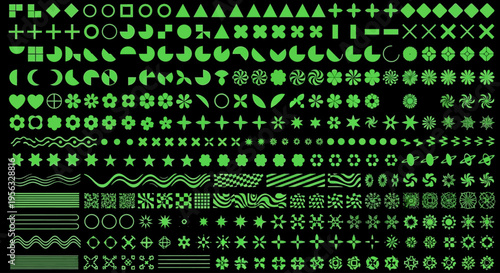 Diverse collection of geometric and abstract shapes in neon green on a black background, perfect for graphic design and creative projects