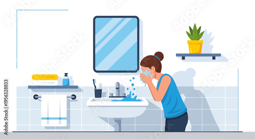 Woman Washes Face for Better Health in Modern Bathroom